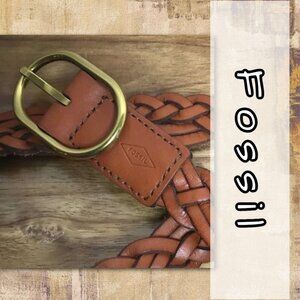 Fossil Womens Braided Brown Leather Belt Size Large Brass Buckle